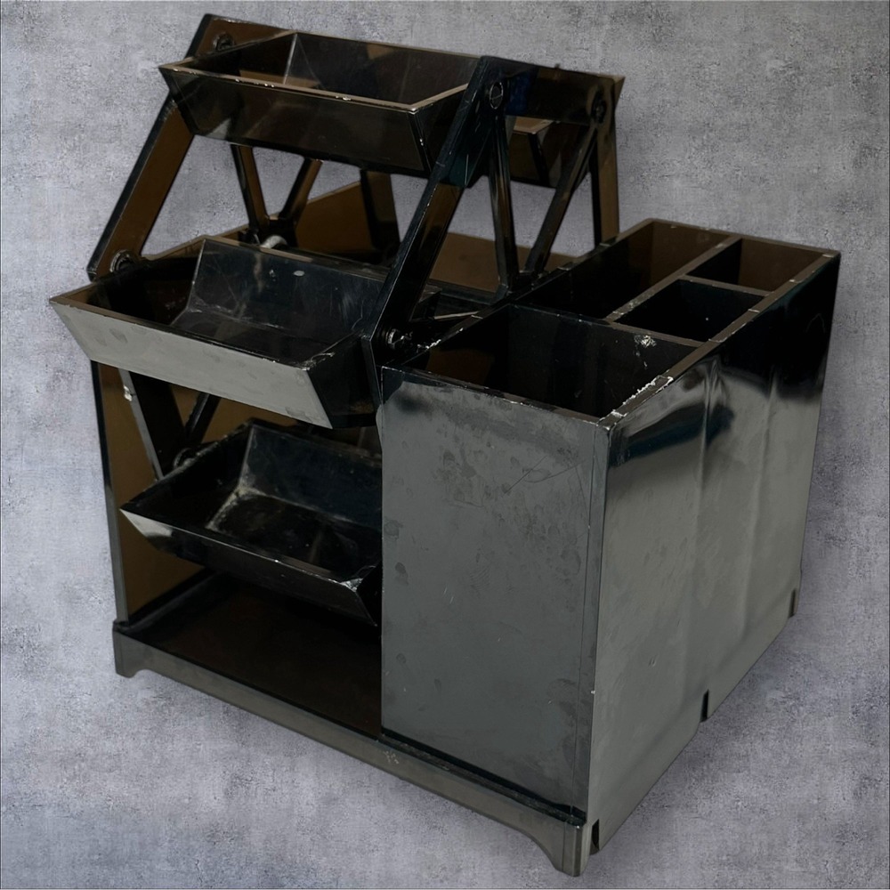 HTF VTG 1980s Black Lucite Desk Organizer Rotating Tier Trays & Compartments